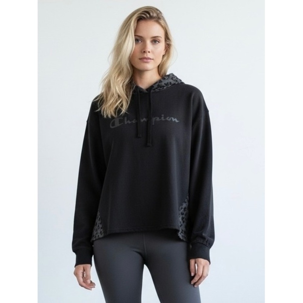 🌴 Champion Womens Black Leopard Print Accent Hoodie Tonal Logo XL 1592314